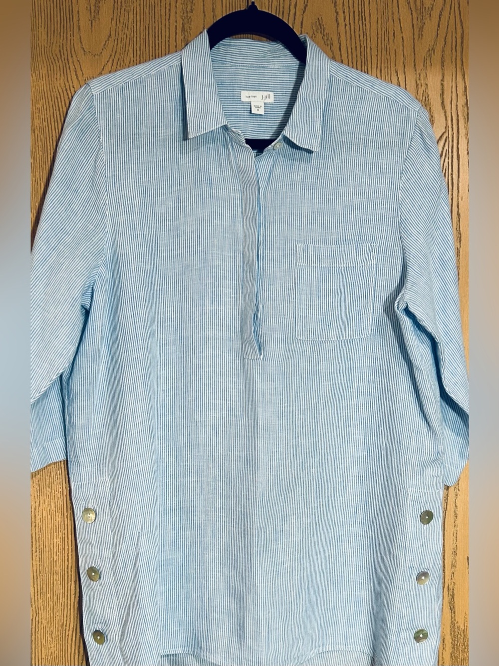 J.Jill Love Linen Women's Pin Stripe 1/2 Button Tunic/ Shirt Coastal Size M